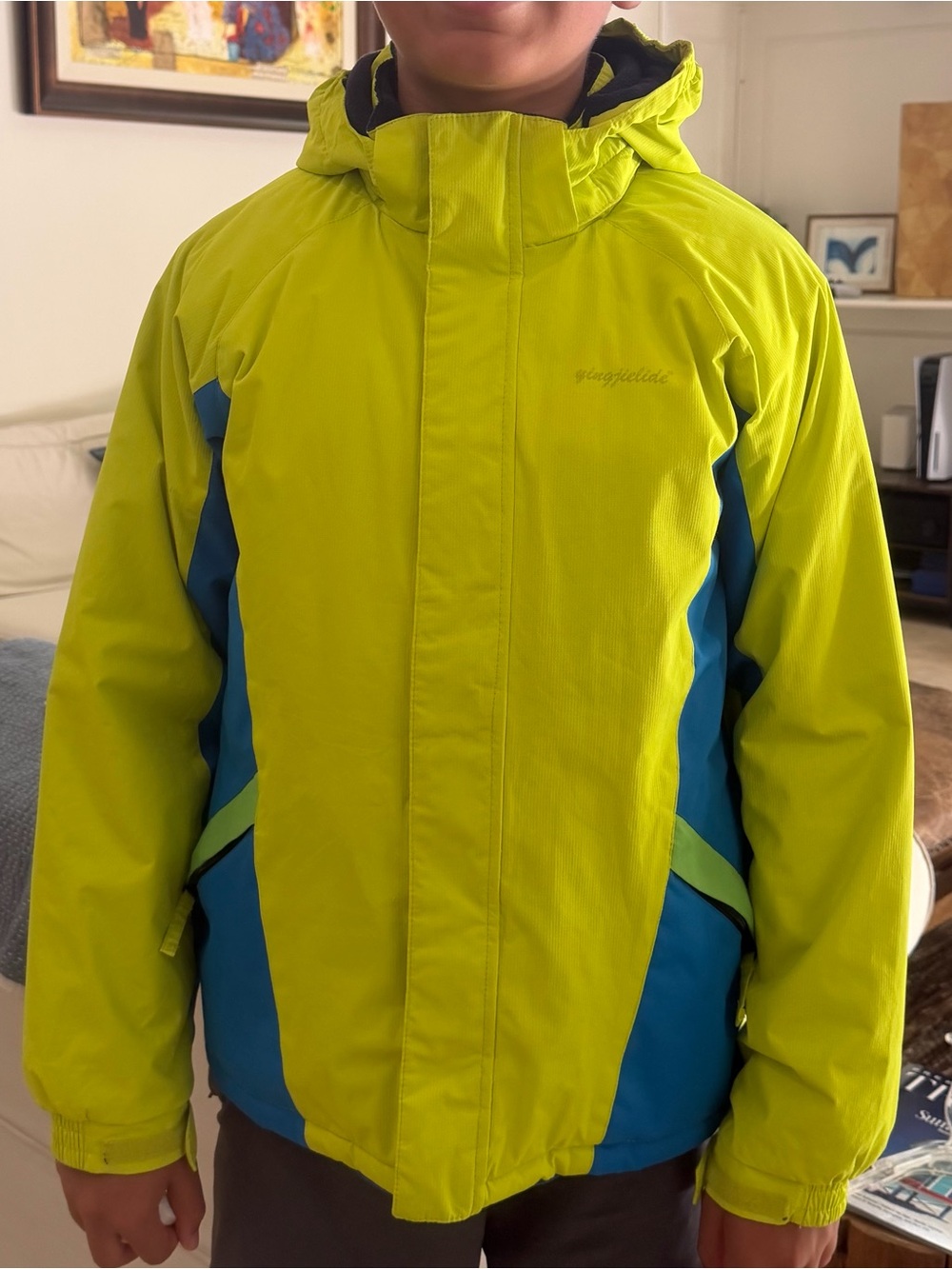 Lime Green & Blue Kids Puffer Jacket with Hood
